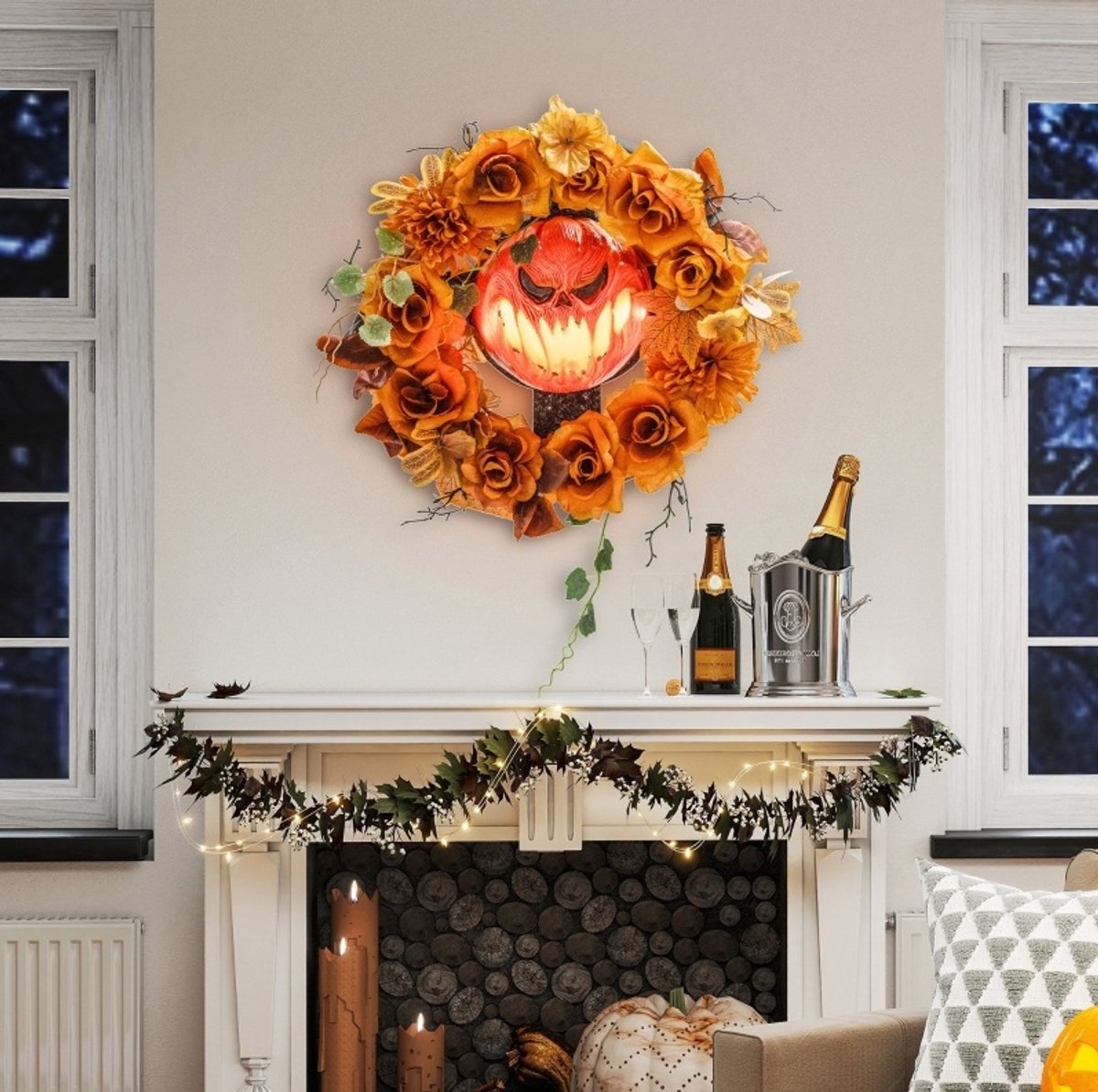 COVREO Halloween krans 44 x 9 x 44 cm oranje met 44 ledlampjes en pompoengezicht