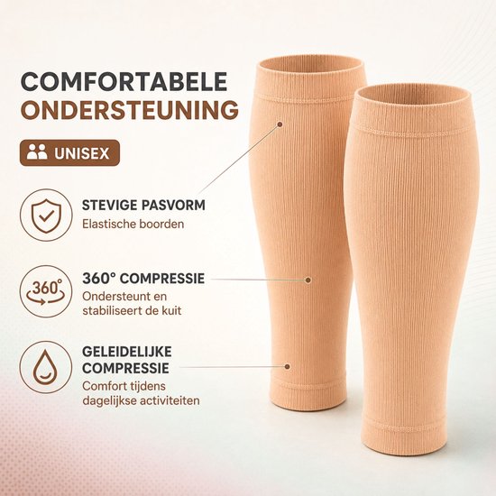 Twee beige, geribbelde kuitcompressiemouwen met elastische randen, liggend op een neutrale achtergrond.