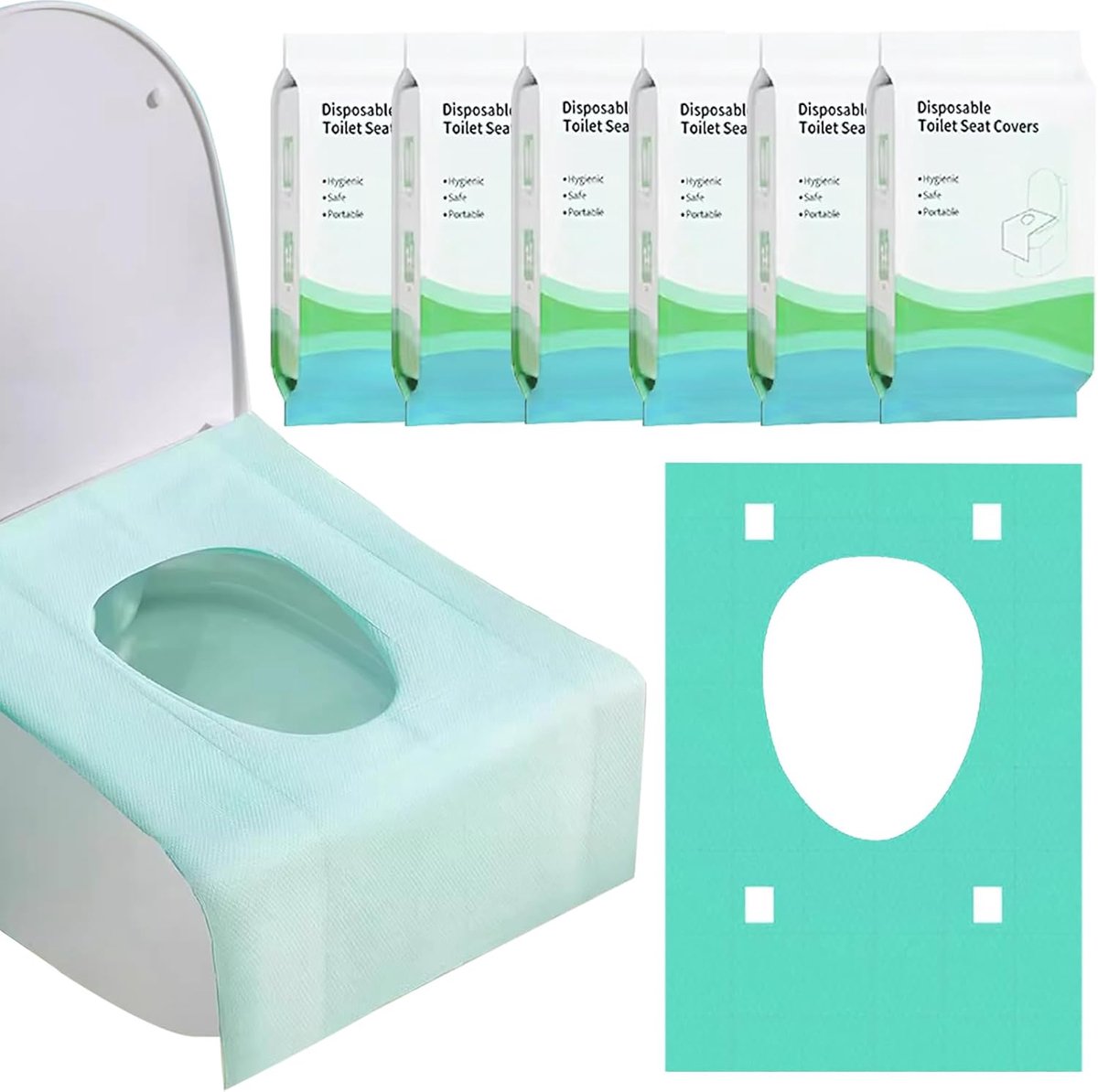 SnelShoppen - Pack van 60 Wegwerp Toilet Covers - Disposable Toilet Seat Covers voor Reizen, Publieke Toiletten, Individueel Verpakt, Groene Kleur, Hy