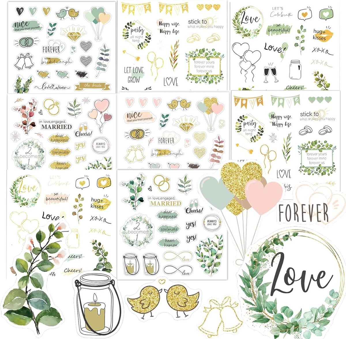 Vintage Bruiloft Stickers voor Gastenboek - 8 Vel met Foto Album Stickers, Liefde en Decoratie voor Gastenboek en Cadeaus