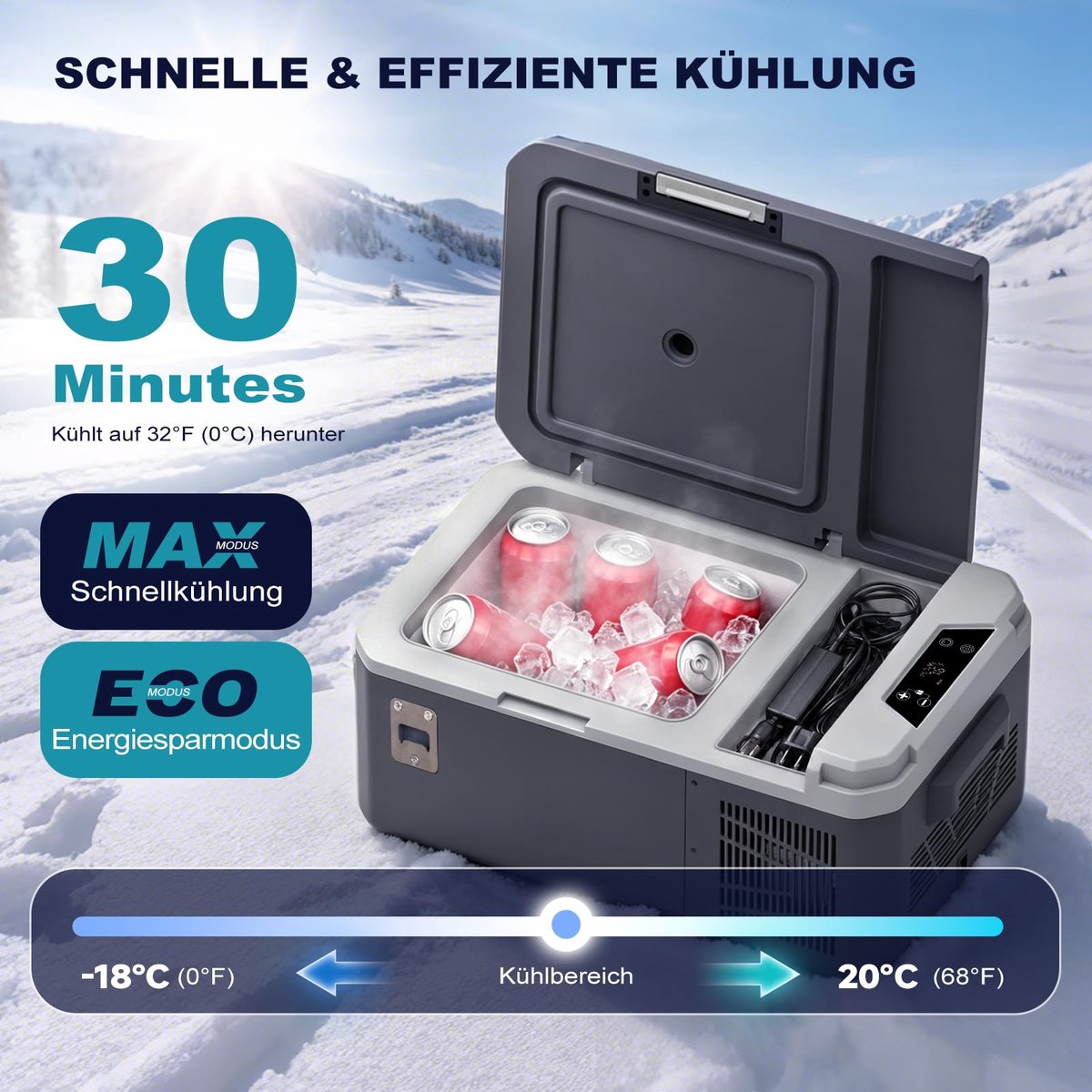 SnelShoppen - Draagbare Mini-compressorkoelbox 15L, 12V/24V/230V, Elektrische Koelkast met App-besturing voor Auto, Camping, Tuin en Feesten