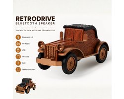 RetroDrive Bluetooth Speaker Vintage Auto – 5W Draadloze Speaker – Bluetooth 5.0 – FM Radio – USB – TF-kaart – AUX – Telefoonhouder – Bruin