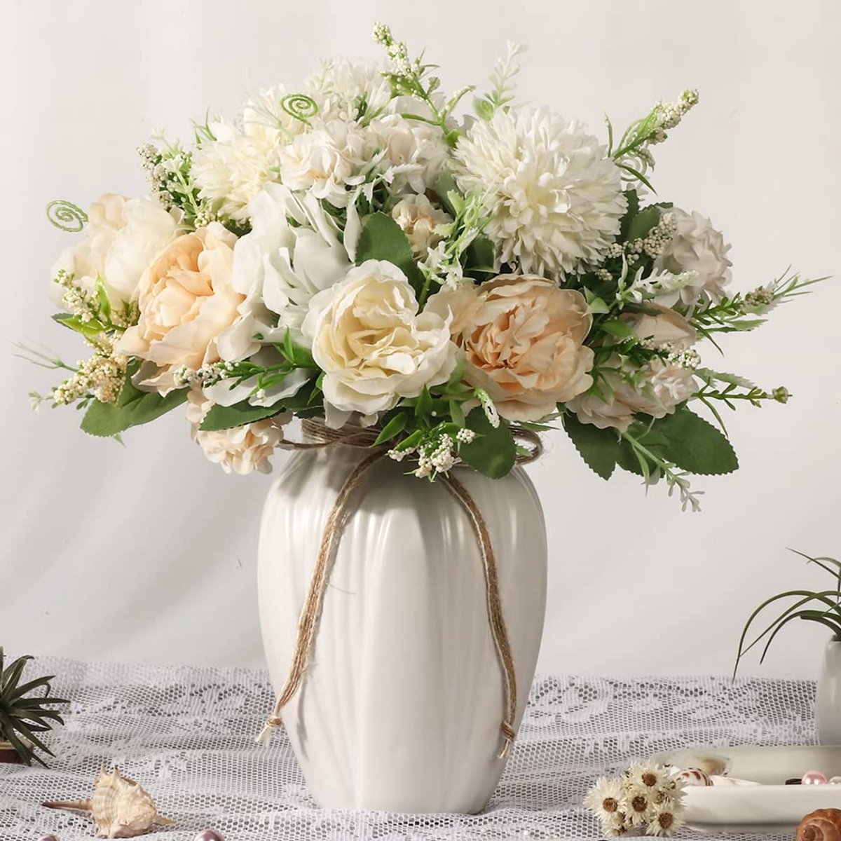 SnelShoppen - Pioenrozen Kunstbloemen in Vaas - Nep Hortensia Zijde Pioen Bloem Boeket met Vaas Faux Bloemen Arrangement voor Thuis Tafel Eetkamer - W