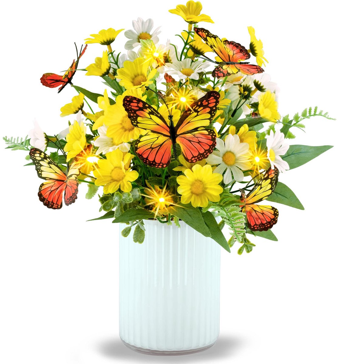SnelShoppen - Kunstmatig Madeliefje Boeket in Glazen Vaas met Lichtjes - Zijde Bloemen en Vlinder Arrangementen voor Tafeldecoratie, Feest, Keuken, Tu
