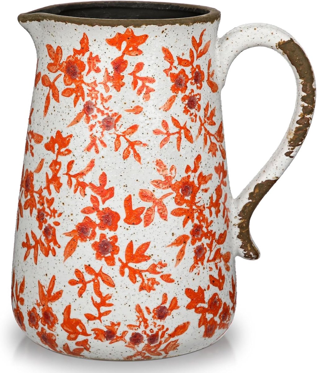 SnelShoppen - Oairse Keramische Rustieke Boerderijvaas 19.8cm Roze en Wit Vaas voor Tafeldecoratie Chinoiserie Vazen Aardewerken Kruik met Handvat Fra