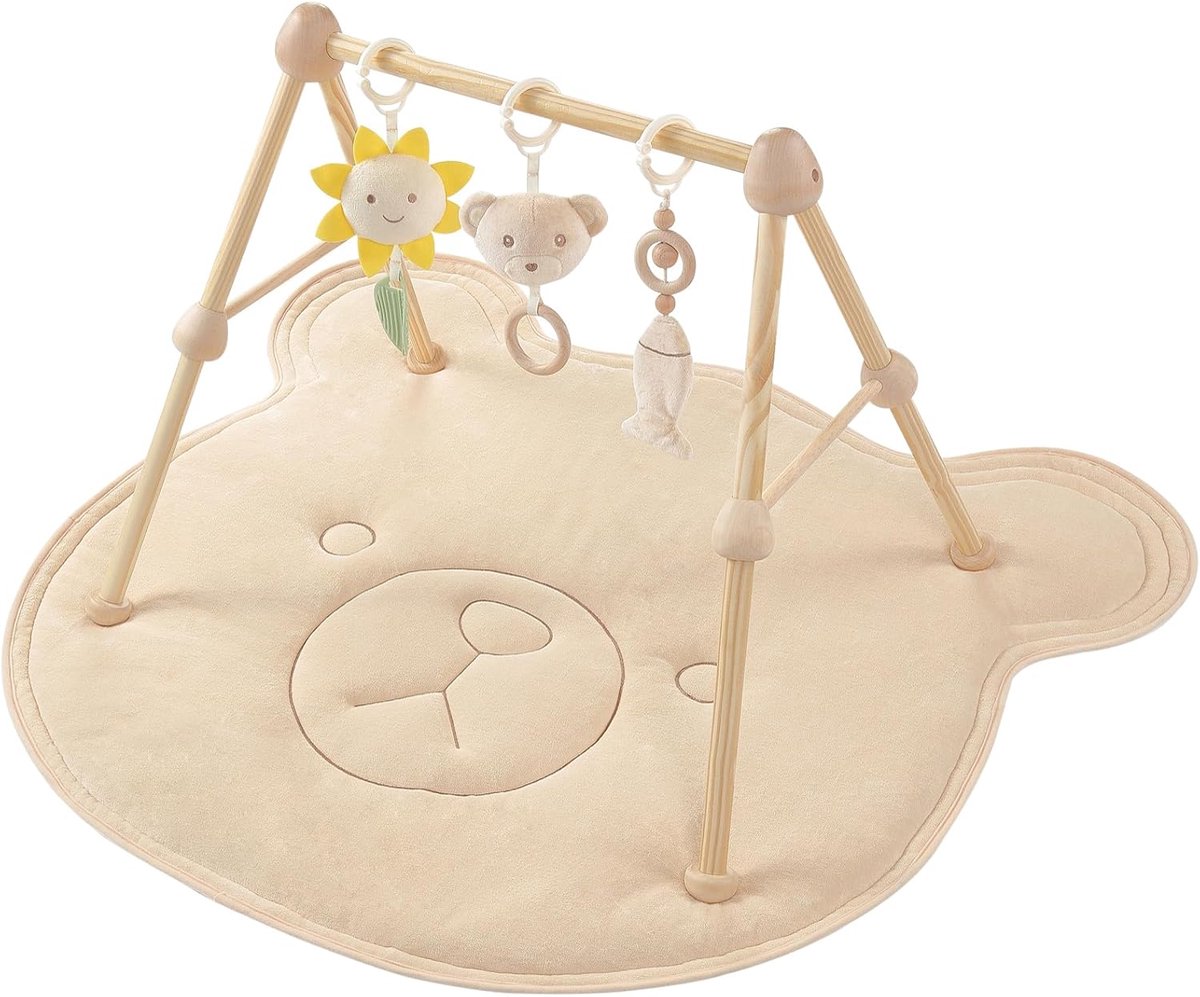 SnelShoppen - 4-in-1 Bear Play Boog Baby Speelmat, Activiteitenboog met Natuurlijke Houten Basis, 3 Afneembare Speelgoedjes, Geschikt voor 0-36 Maande