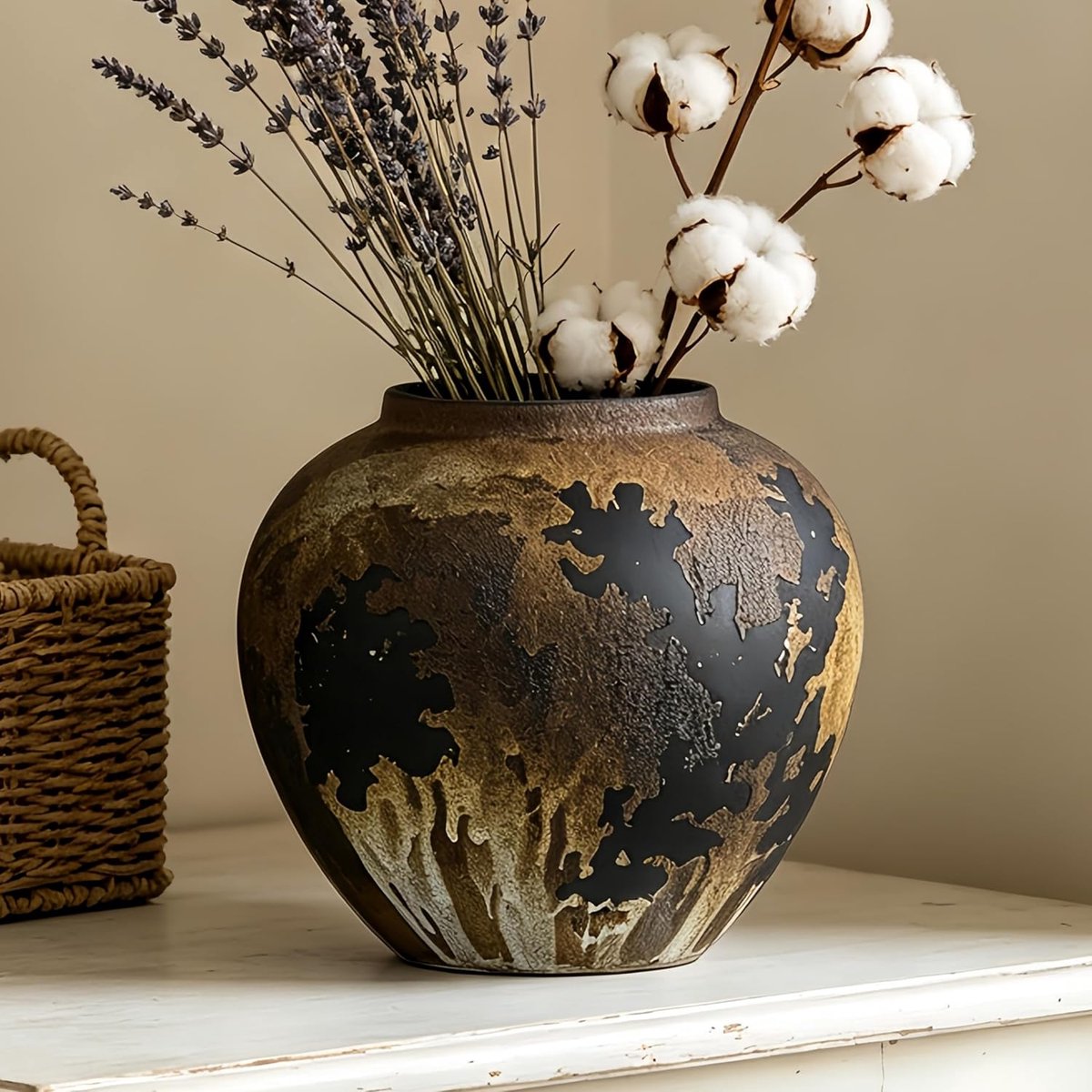 SnelShoppen - Black Rustic Ceramic Vase 19.5cm - Vintage Flower Vase Terracotta - Hoogwaardige Decoratie voor Minimalisme, Farmhouse Stijl, Perfect vo