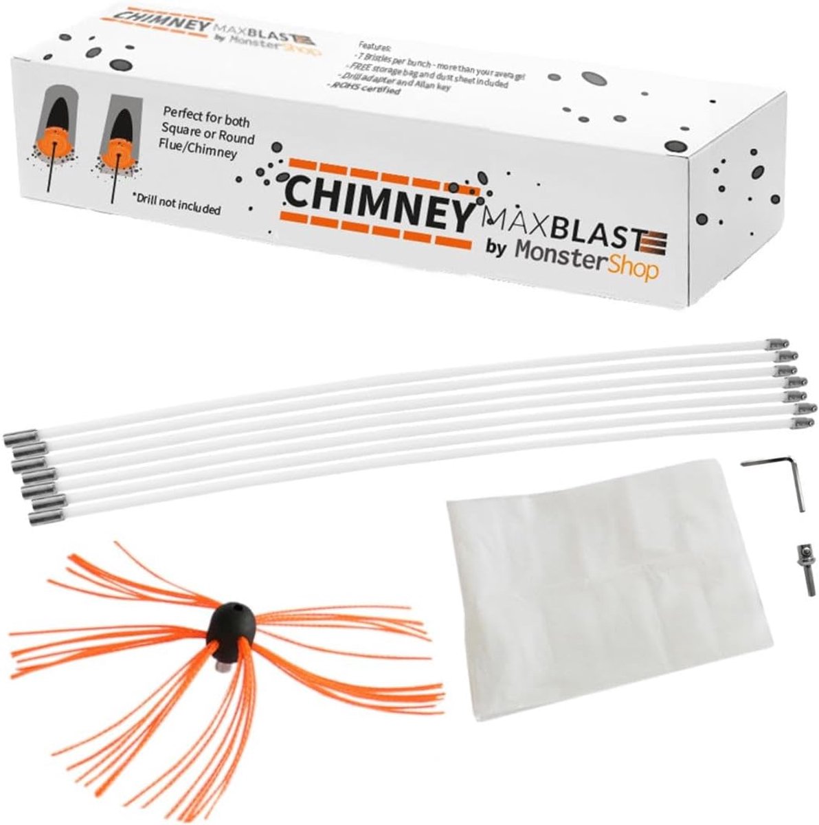 SnelShoppen - Chimney Sweeping Kit - Rotating Brush Cleaner 20m - Flexibele Nylon Stokken - Compleet Schoonmaakset met Gratis Opbergzak en Stofplaat