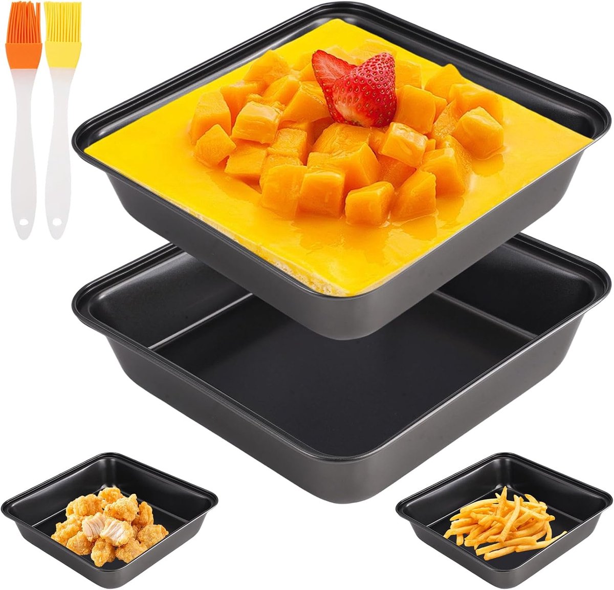 SnelShoppen - 2 Stuks Vierkante Bakvormen met 2 Oliekwasten 22x22.5x5cm - Antiaanbaklaag, Roestvrij Staal, Ideaal voor Lasagne, Taart en Toast - Ovens