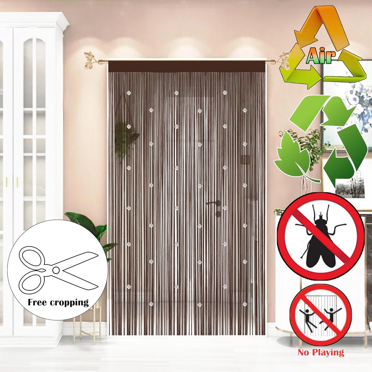 SnelShoppen - Bead Curtains Vliegenramen Insectenschermen voor Deuren en Raamdecoraties - Handgemaakte Behangdraad Gordijnen - Coffee 90x200cm - Decor