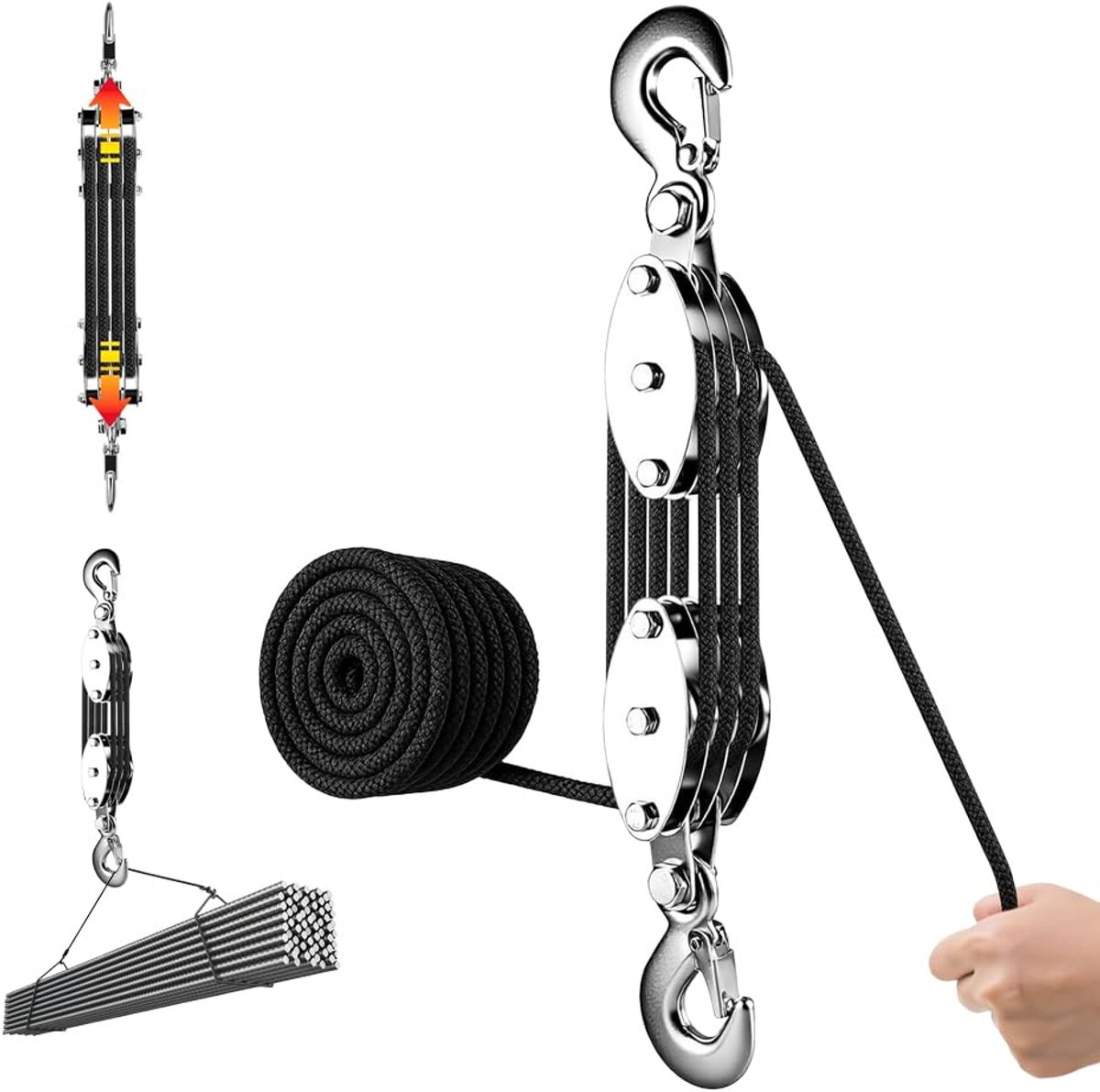 SnelShoppen - Heavy Duty Pulley met Touwrem, 4-gang Pulley Systeem, 300 kg Max. 8:1, 20 m Nylon Touw, 270° Rotatable, Ideaal voor Jachten en Garages
