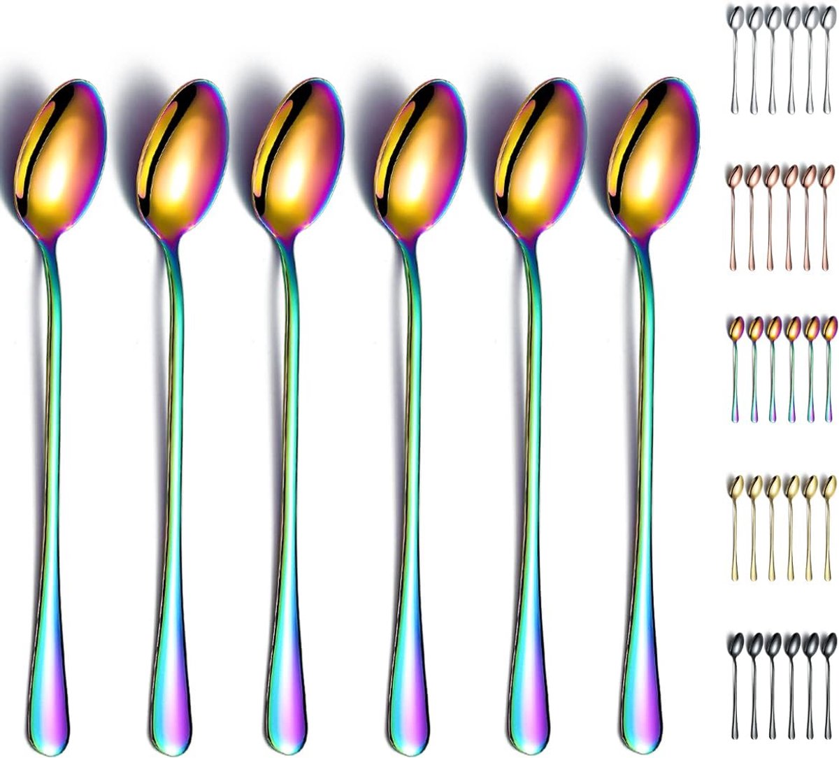 SnelShoppen - Rainbow Iced Tea Spoons Set van 6 - 19cm RVS Mixlepel met Kleurrijke Titanium Coating - Cocktails, Latte, Iced Tea, Feest, Restaurant, D