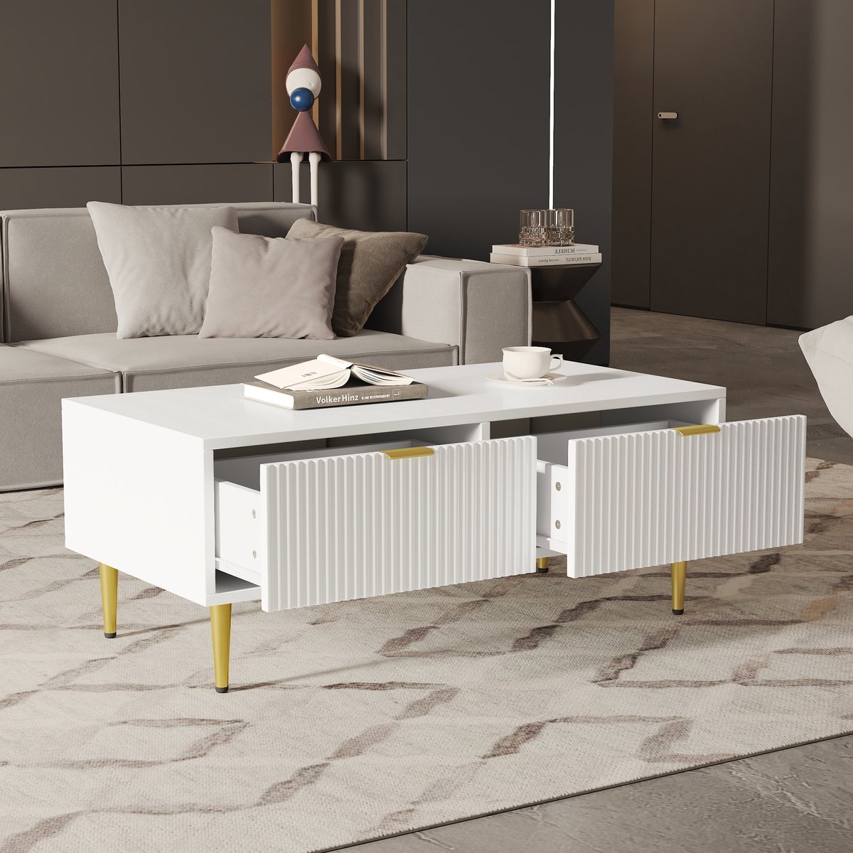COVREO Salontafel 100x50x40 cm – wit en goud, 2 lades, MDF, rechthoekig ontwerp