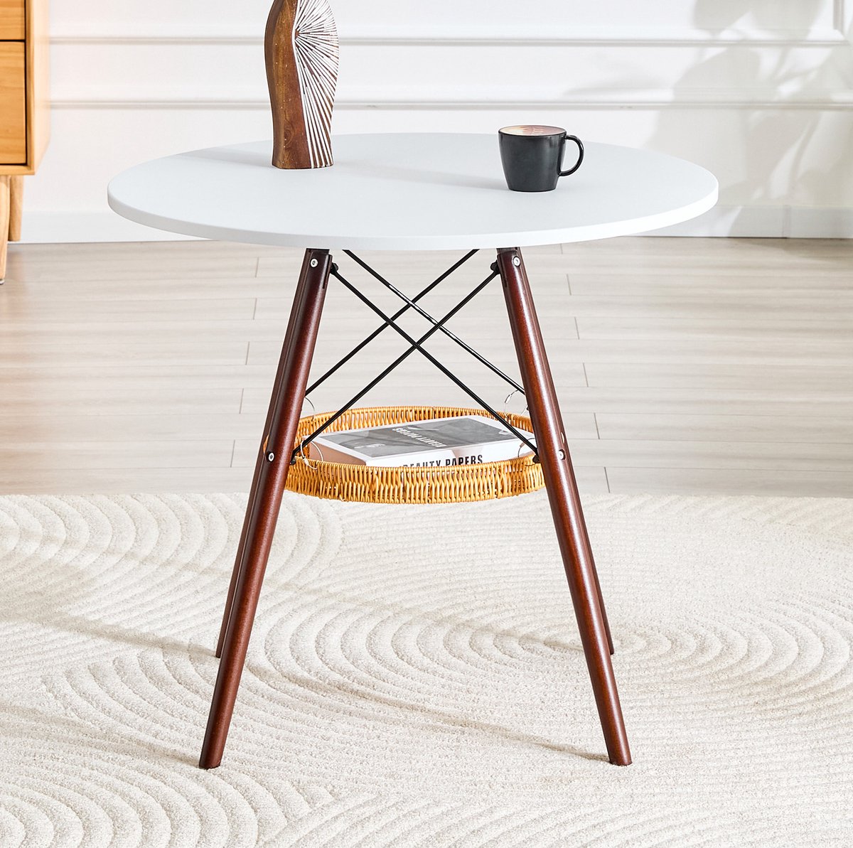 COVREO Ronde eettafel 80x80x71,5 cm – wit MDF, walnootkleurige poten, opbergmand voor 2-4 personen