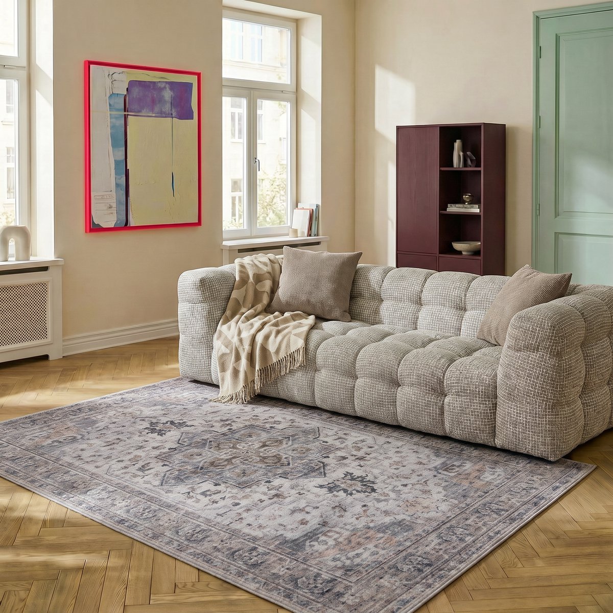 Wasbaar Vintage Vloerkleed Beige/blauw Luca 160x230cm Mrcarpet