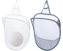 Hangende Vuile Wasmand Set - 2-Delig - Inclusief 2 Ophanghaken - Opvouwbare Wasmand voor aan Wand en Deur - Universele Speelgoedorganizer en Wasmand - Wit en Grijs