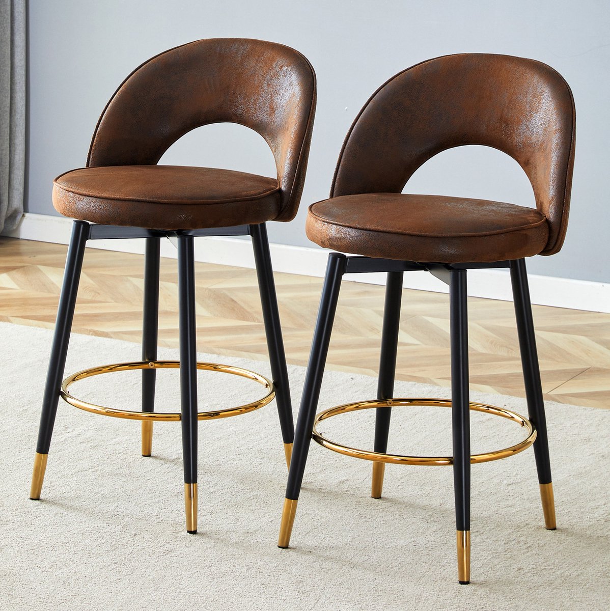 COVREO Barstoel 92 cm – bruin stof, zwart metalen onderstel, 360° draaibaar, set van 2
