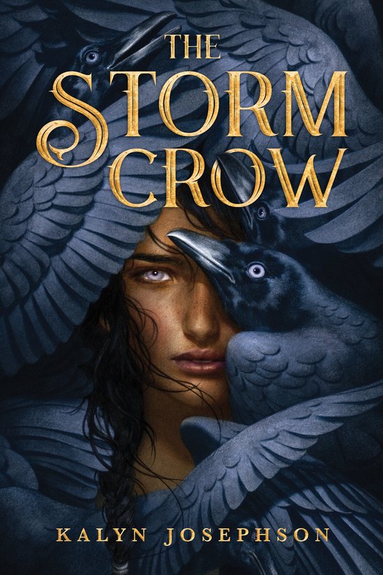 Boekcover 'The Storm Crow' met een vrouw omringd door kraaien. Titel in goudkleurige letters.