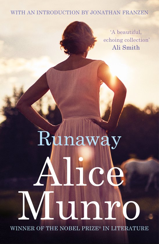 Couverture du livre 'Runaway' d'Alice Munro. Une femme en robe rose se tient au soleil couchant.