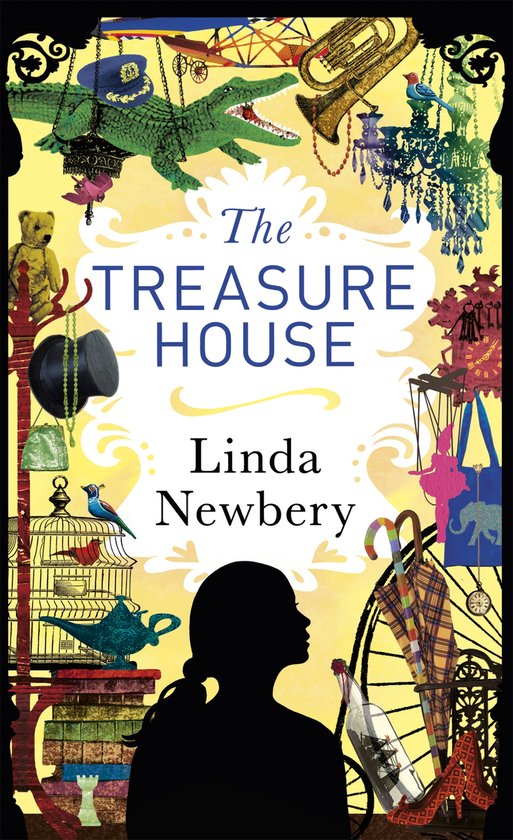 Boekomslag van The Treasure House door Linda Newbery met een silhouet van een meisje en een collage van vintage voorwerpen.