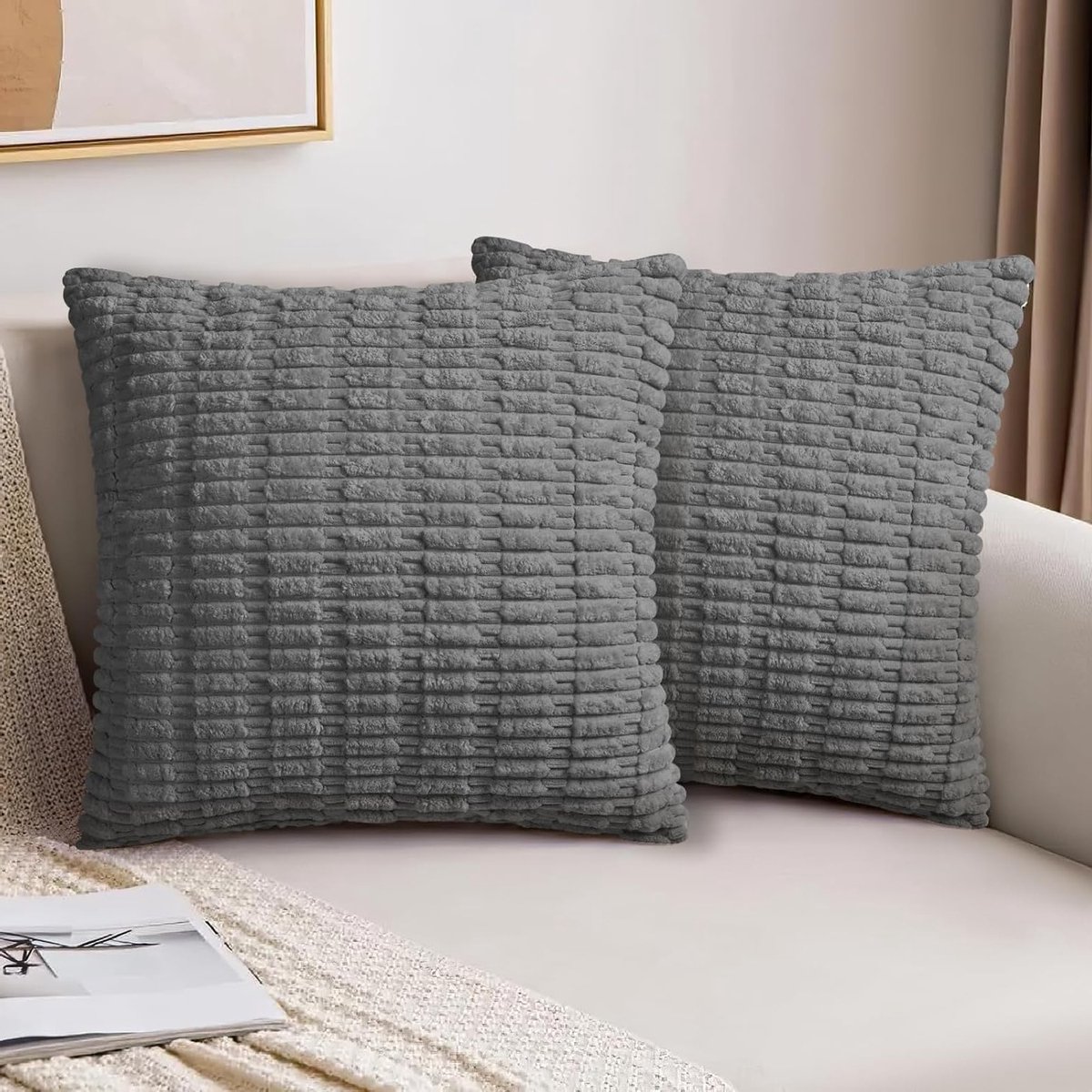 Set van 2 Super Zachte Corduroy Kussenhoezen 40 x 40 cm in Donkergrijs, Decoratieve Kussens voor Moderne Interieurs en Woondecoratie