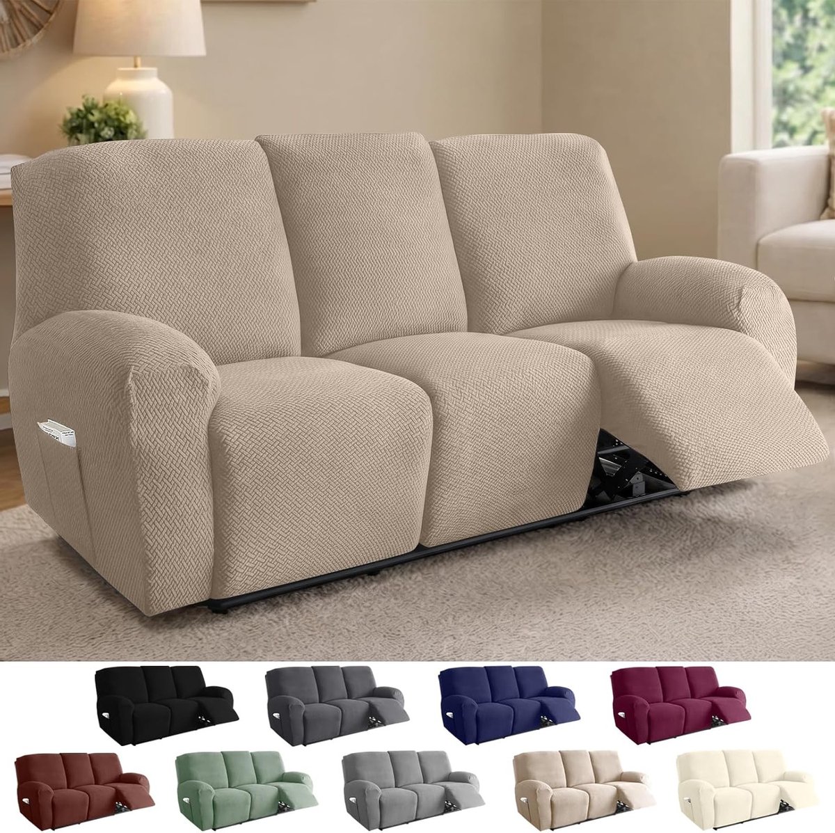Stijlvolle en Elastische Hoofdkussens voor Driezitsbank, Beschermende Jacquard Hoes met Opbergzakken en Gestreept Design (Taupe, 8 Stuks)
