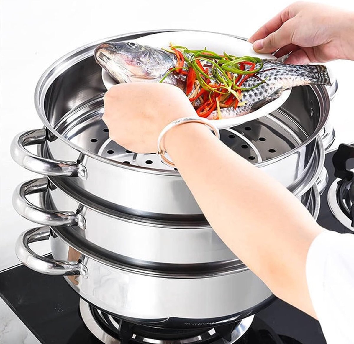 Roestvrijstalen Stoompan Drielaags Kookgerei Gezond Koken Universele Kookplaat Compatibel Grote Capaciteit Zilver