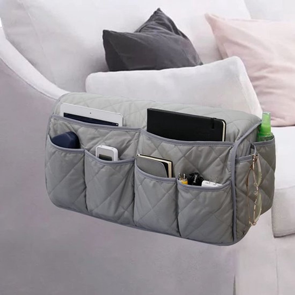 Allecto - Sofa Armrest Organizer - Opbergoplossing - Grijze kleur - Voor Tablet en