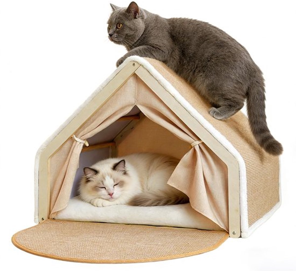 Kattenhuis met krabplank - opvouwbaar houten frame