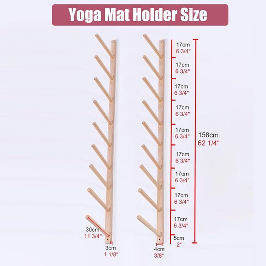 Yogamathouder Houten - Fitnessrek Wandmontage - Sportspullen Opbergen - Ruimtebesparend Verticaal - Tot 158cm - Houtkleur — afbeelding 2