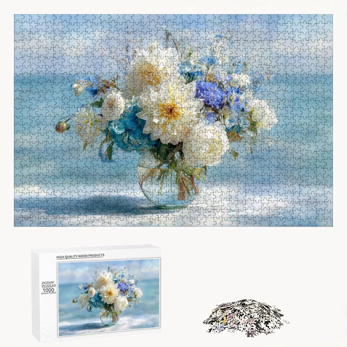 Houten Puzzel - Volwassen Puzzel - Ontspanning Thuis - Duurzaam Lindehout - 1000 Stukjes - Blauw Bloem