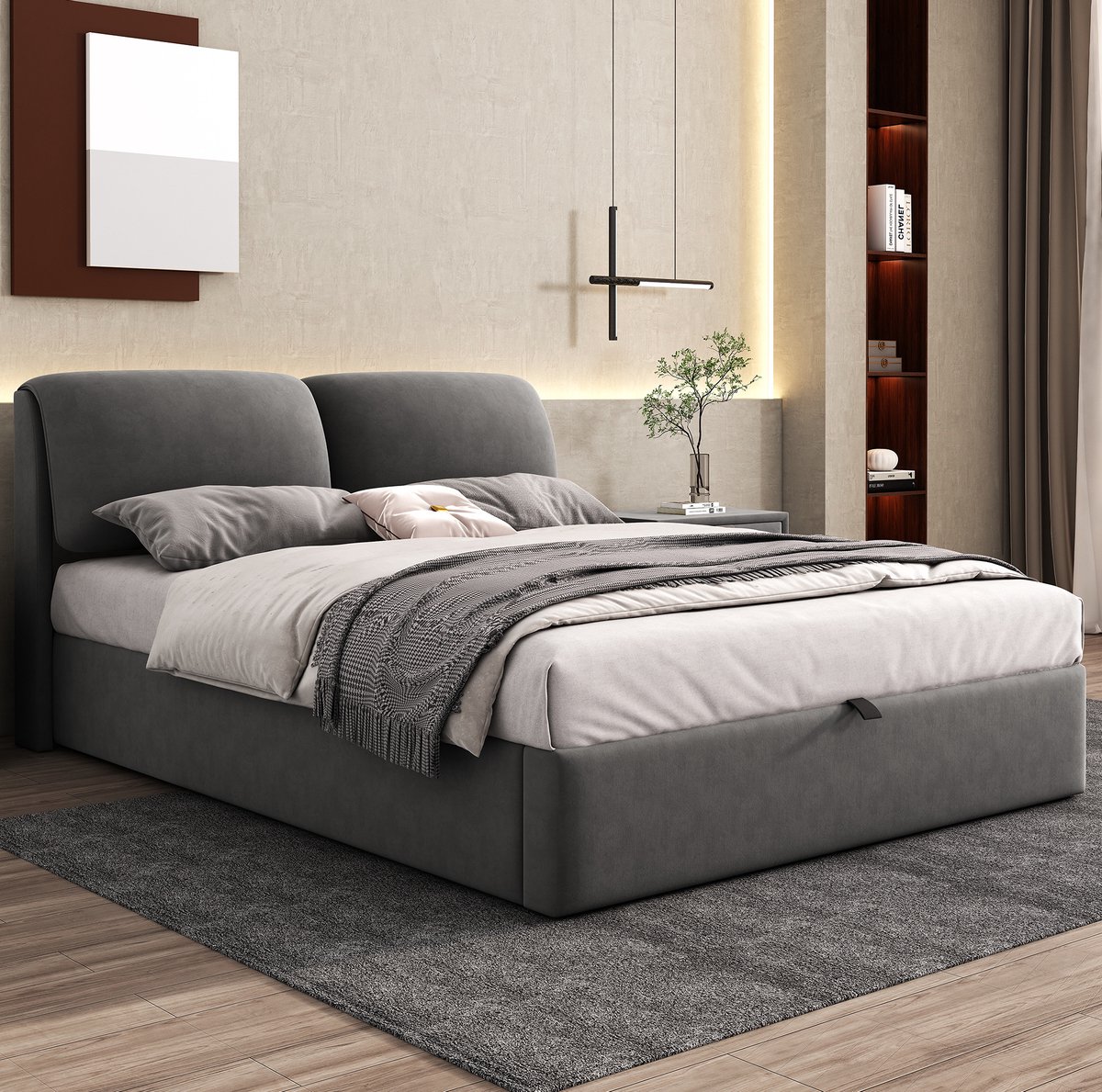 MEUNIQ gestoffeerd bed 140x200 cm met hydraulische opbergruimte, 3 lades, lattenbodem en verstelbaar hoofdbord, tweepersoons bed voor slaapkamer, grijs