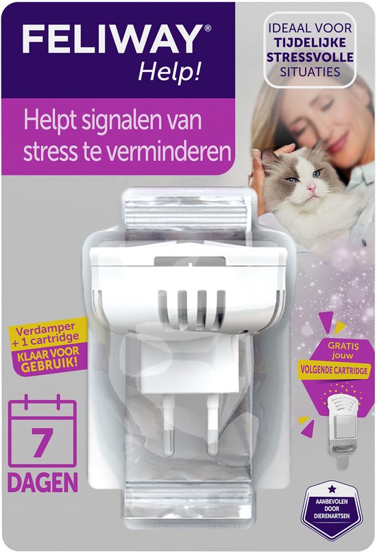 Verpakking met FELIWAY Help! diffuser en een cartridge, klaar voor 7 dagen gebruik. Ideal voor stressvolle situaties.