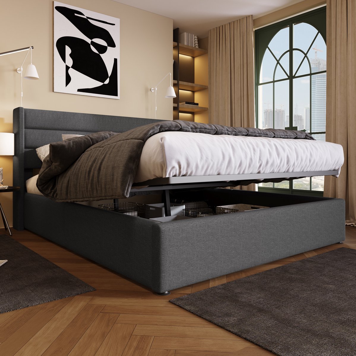 MEUNIQ stauraumbed 180x200 cm hydraulisch tweepersoons bed met gestoffeerd hoofdbord, lattenbodem, metalen frame en opbergruimte voor slaapkamer grijs