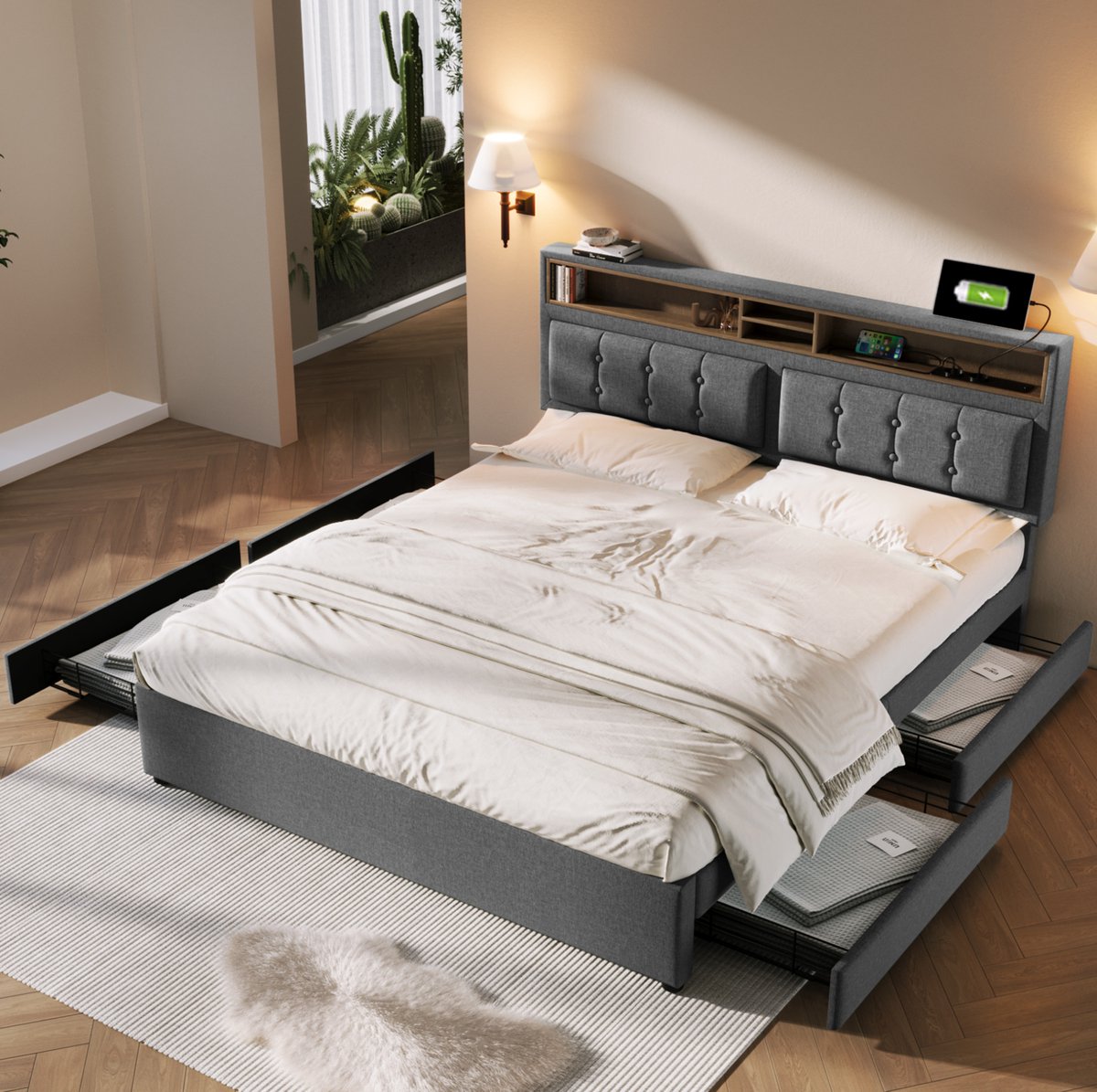 MEUNIQ gestoffeerd bedframe 140x200 cm met 4 lades, verstelbaar hoofdeinde, USB-C en stopcontacten, houten lattenbodem, tweepersoons bed voor slaapkamer, grijs