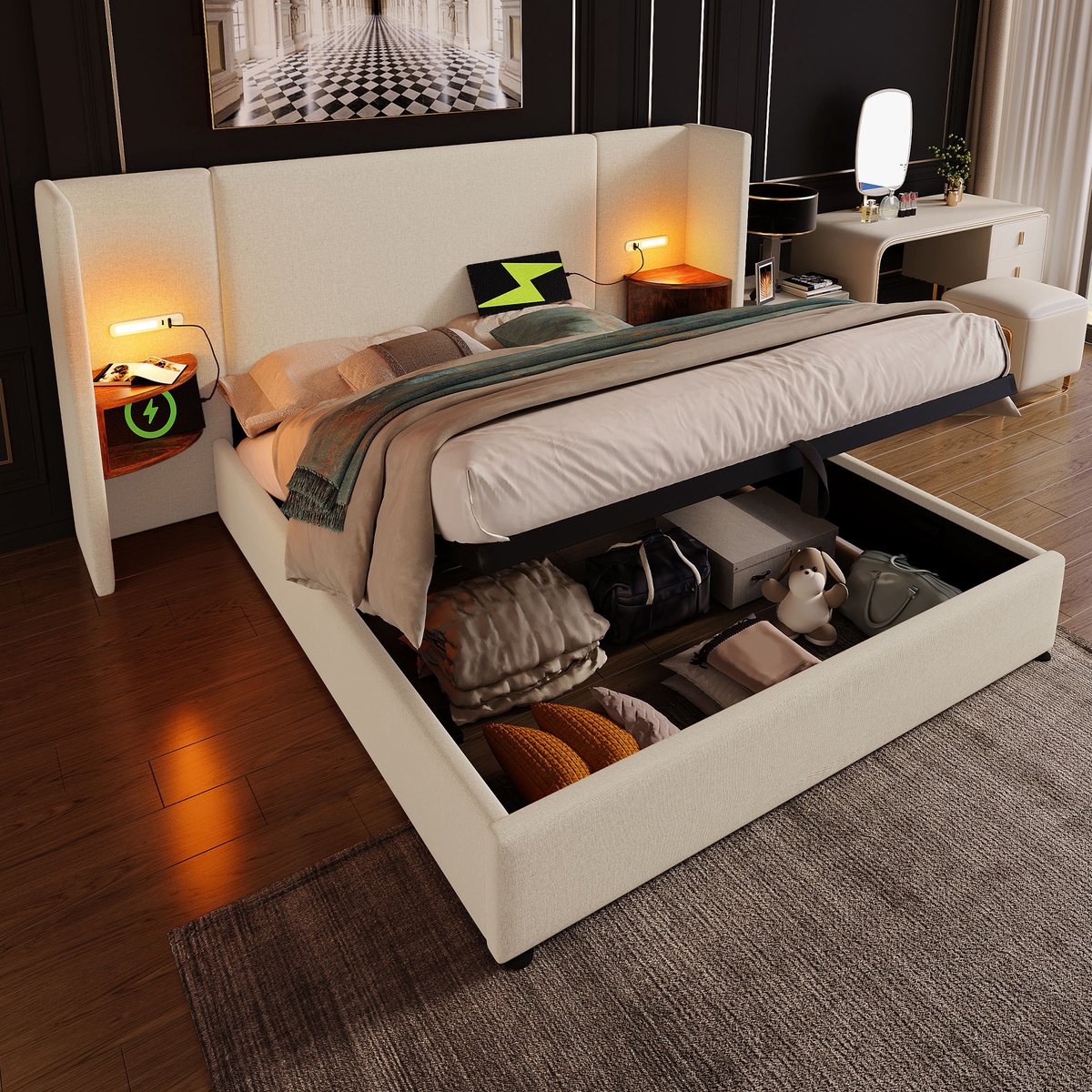 MEUNIQ tweepersoonsbed 160x200 cm met opbergruimte, leeslamp, USB en Type-C, bedframe met 