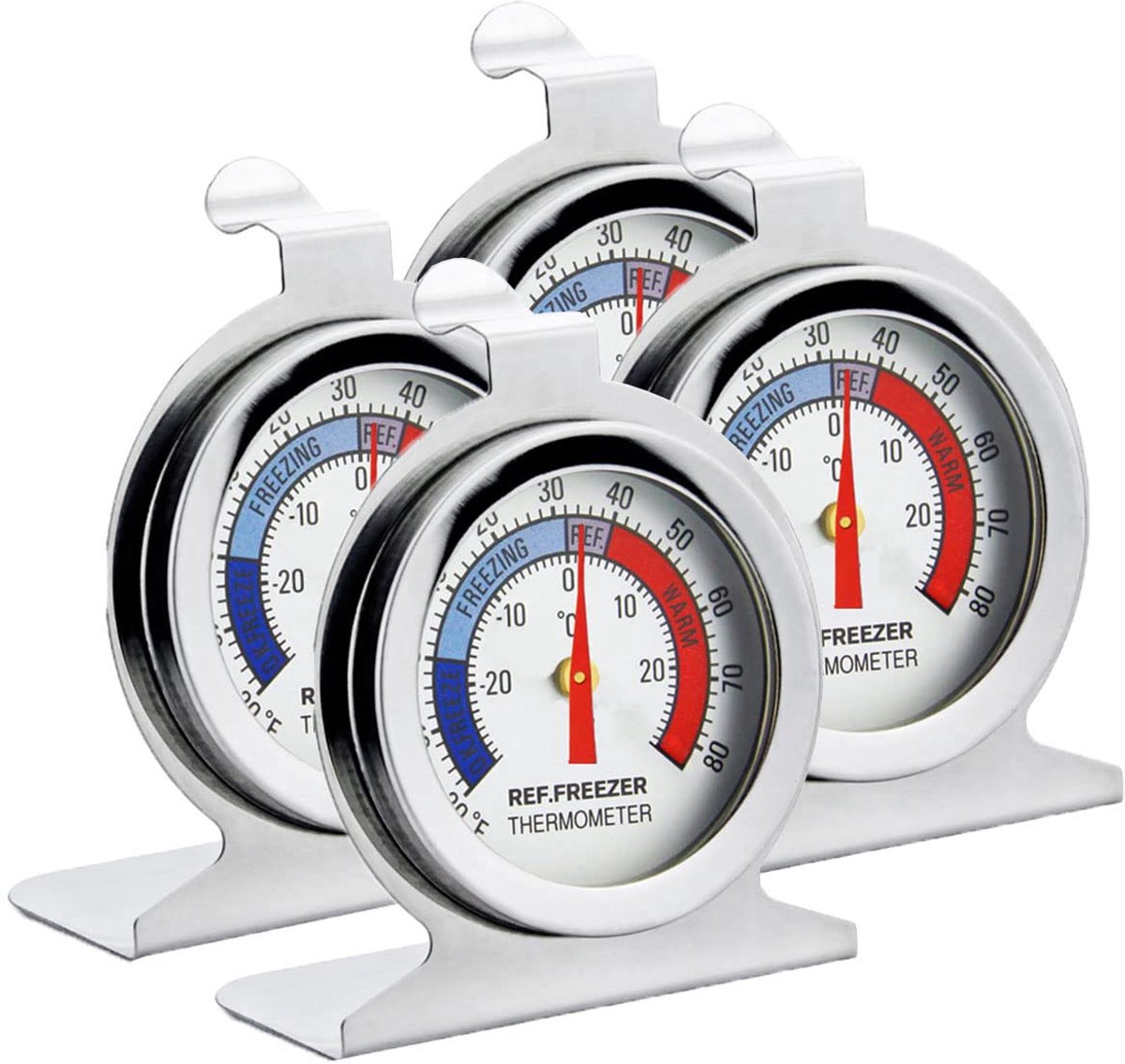 Koelkastthermometer - Vriezer thermometer - Temperatuur controleren - Roestvrijstalen behuizing - 4 stuks - Zilver