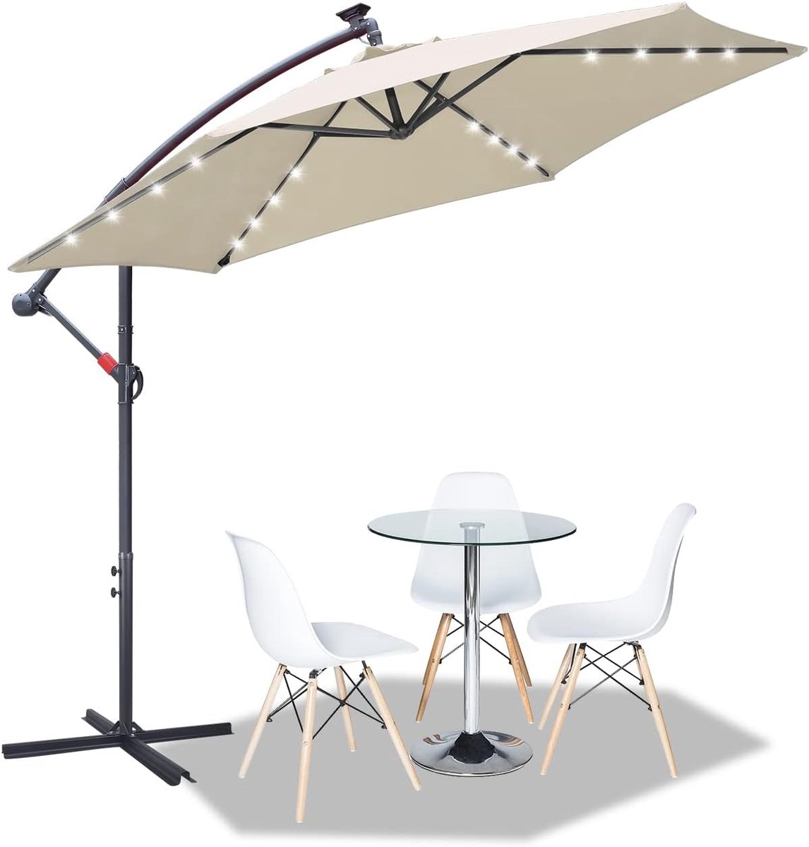 Zweefparasol - Groot zonnescherm - Buiten ontspannen - Geïntegreerde LED verlichting - 350cm diameter - Beige