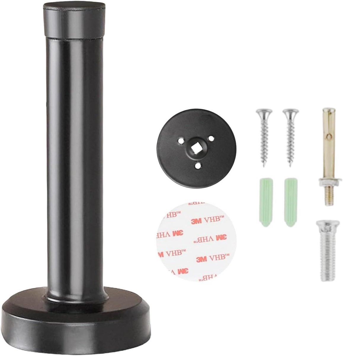 Deurstopper RVS - Deurvanger Wandmontage - Stil Deuren Stoppen - Rubberen Ring - 18 cm - Zwart