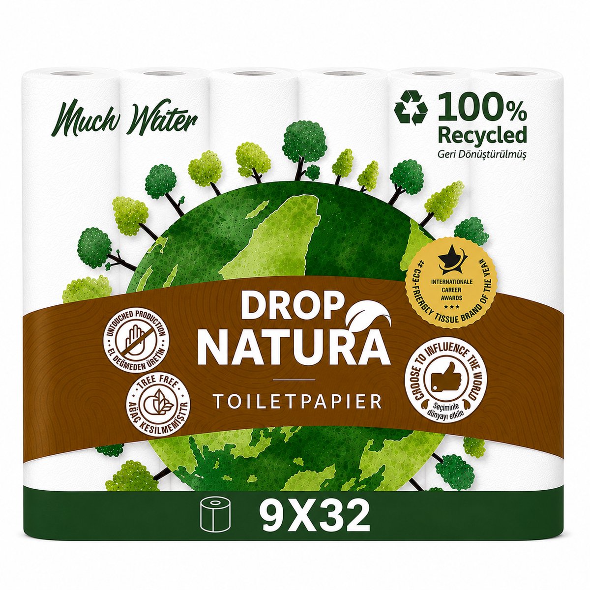 DROP Natura - 9x32 rollen toiletpapier - 288 Rollen - Ultiem comfort WC Papier, Superieure sterkte, Maximale absorptie & Pluisvrij - Voordeelverpakking WC Papier