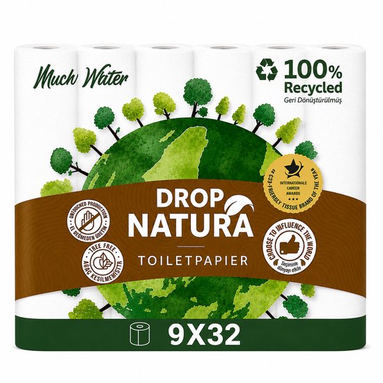 Verpakking Drop Natura toiletpapier, met wereldbol, bomen, en '100% Recycled' logo.