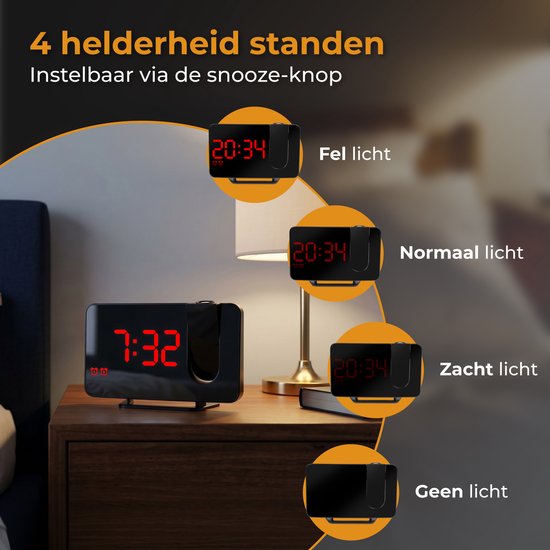 Digitale wekker met projectie toont 4 helderheidsstanden: fel, normaal, zacht en geen licht.