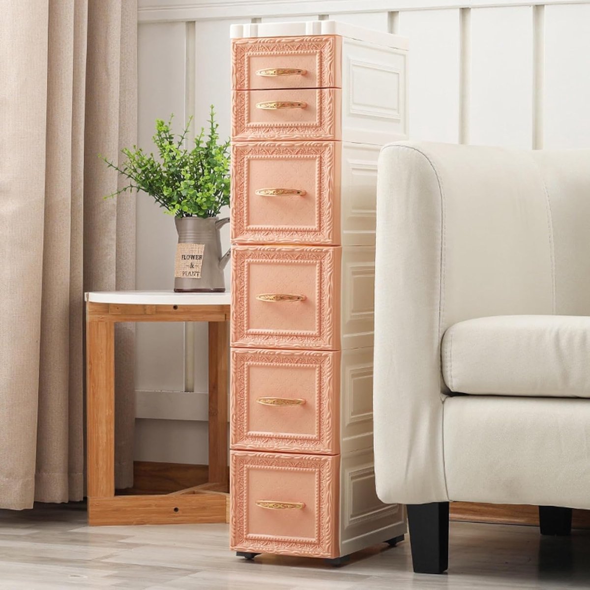 Smalle opbergkast - Verticale unit - Ruimtebesparing - Met wielen - 18x32x84cm - Melkwit