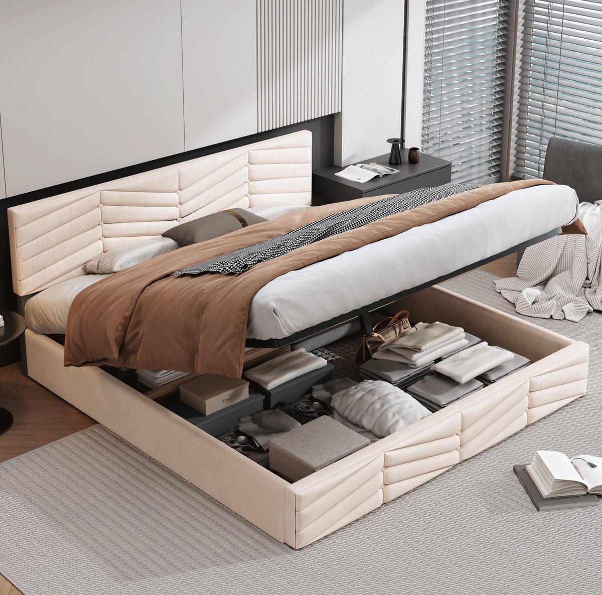 MEUNIQ gestoffeerd tweepersoons bed 160 x 200 cm met hydraulische opbergruimte, verstelbaar hoofdbord, lattenbodem en strependesign voor slaapkamer, beige