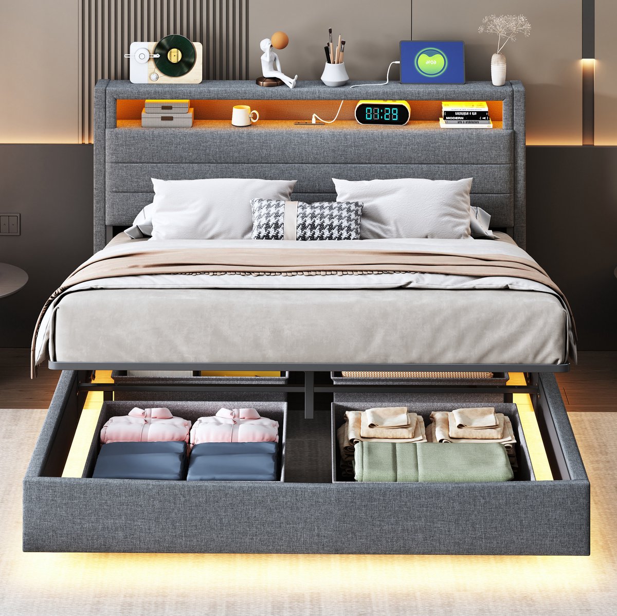 MEUNIQ gestoffeerd bed 140x200 cm met hydraulische opbergruimte, USB-aansluiting, LED-verlichting, lattenbodem en opklapbaar hoofdbord voor slaapkamer, grijs