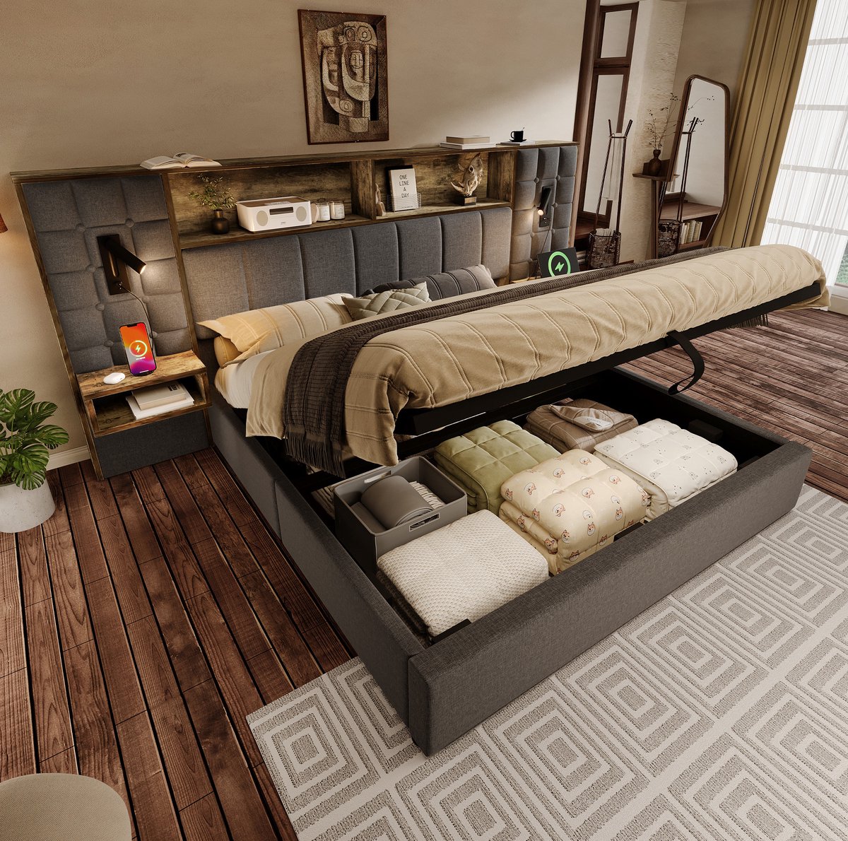 MEUNIQ tweepersoons bed 160x200 cm met opbergruimte, nachtkastjes, leeslampen, USB en Type
