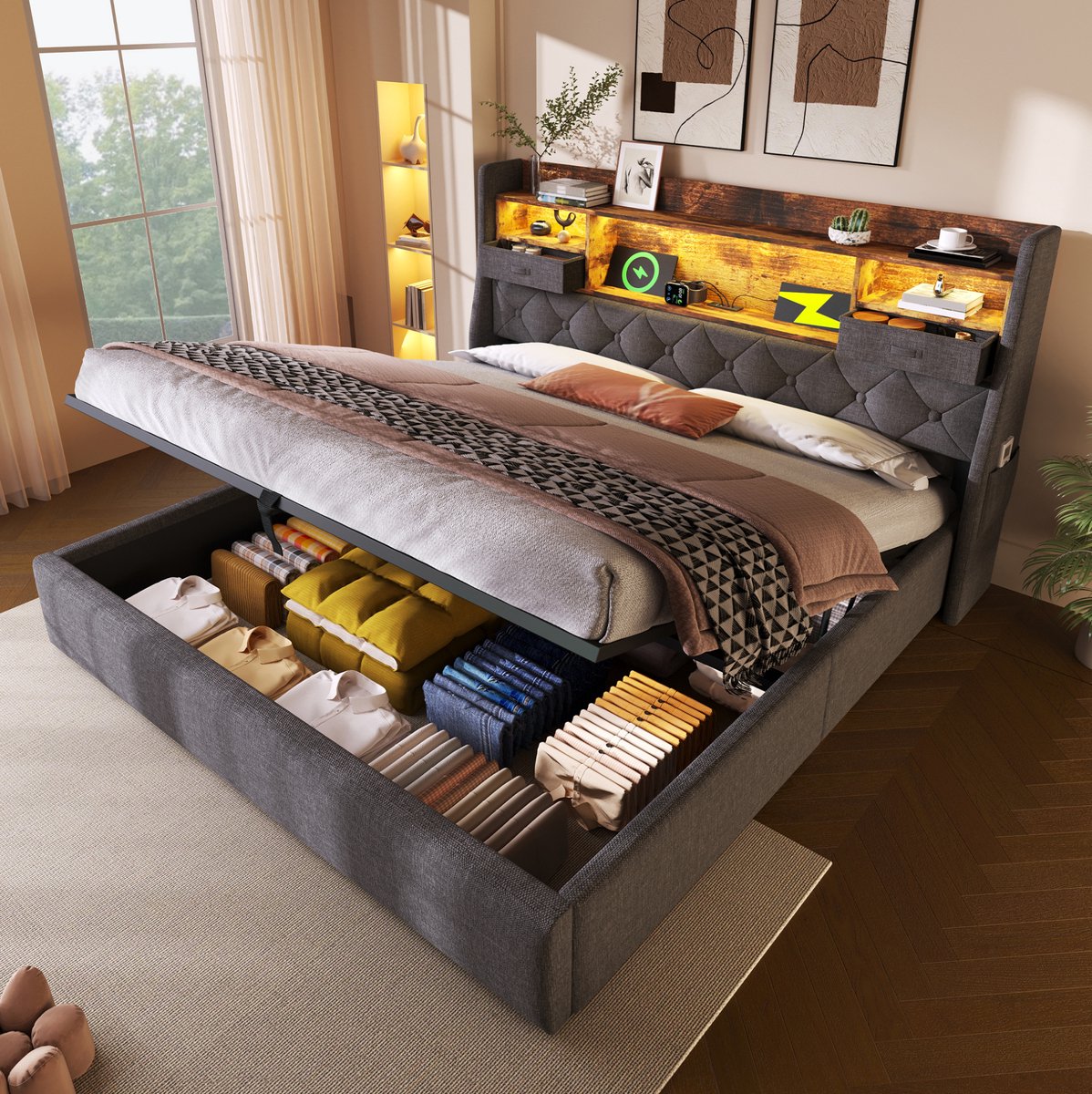 MEUNIQ gestoffeerd tweepersoons bed 140x190 cm met hydraulische opbergruimte, LED-hoofdbord, USB en Type-C laadpoorten, lattenbodem, grijs