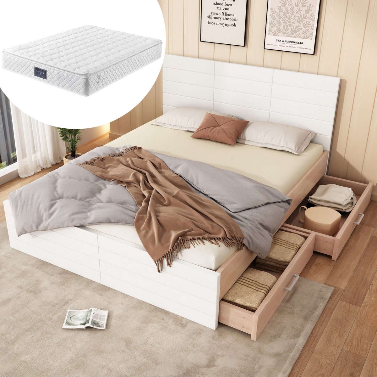 MEUNIQ tweepersoons bed 160x200 cm met lattenbodem en 2 lades, bedframe met opbergruimte voor slaapkamer, wit en eiken, 207 x 165 x 80 cm