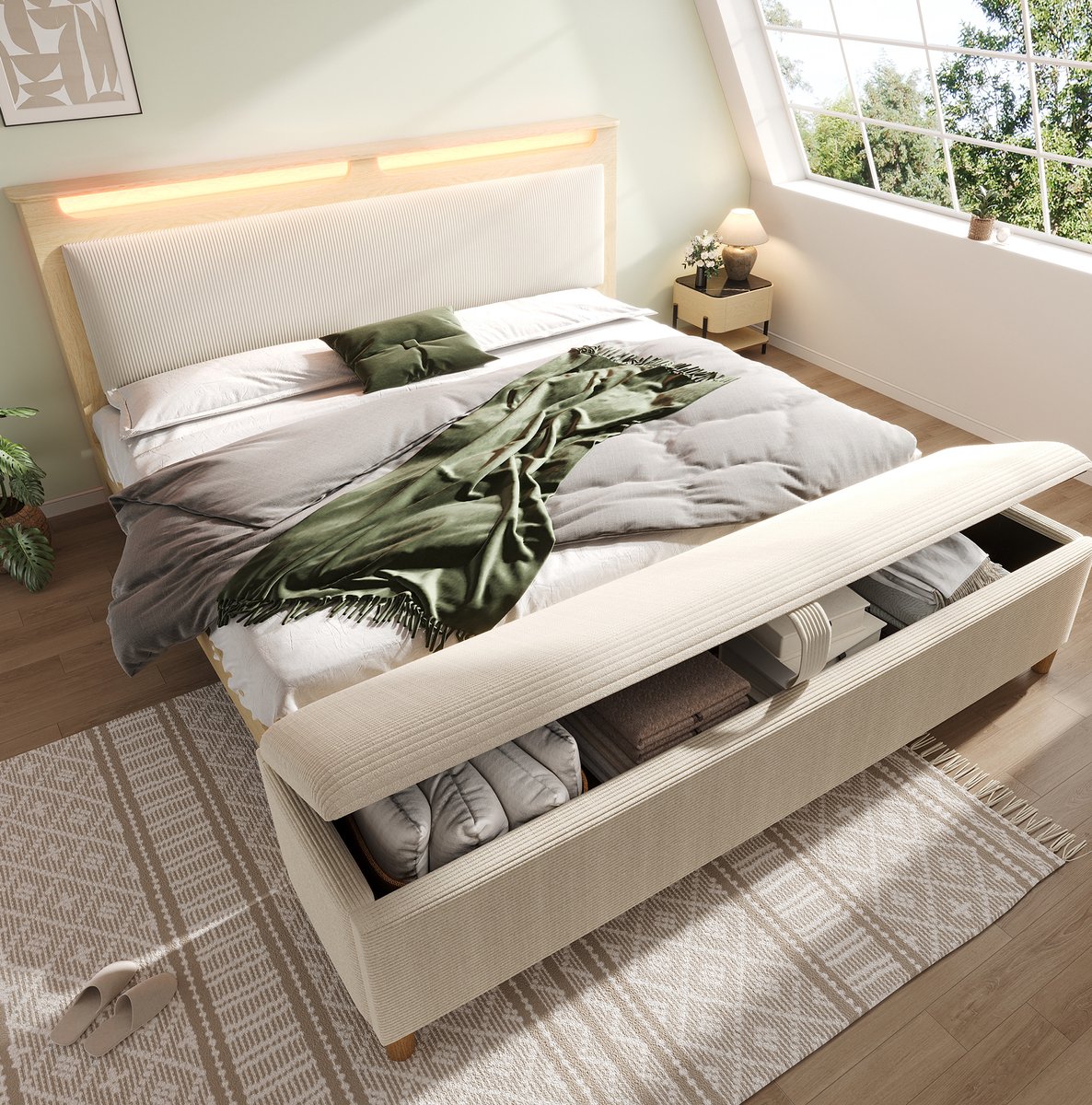 MEUNIQ tweepersoons bed 140x200 cm met hoofdbord met opbergruimte, LED-verlichting en bedbank met opbergruimte, slaapkamer, beige en eiken