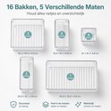 Set van 16 transparante lade-organizers in 5 verschillende maten, met afmetingen en aantallen.